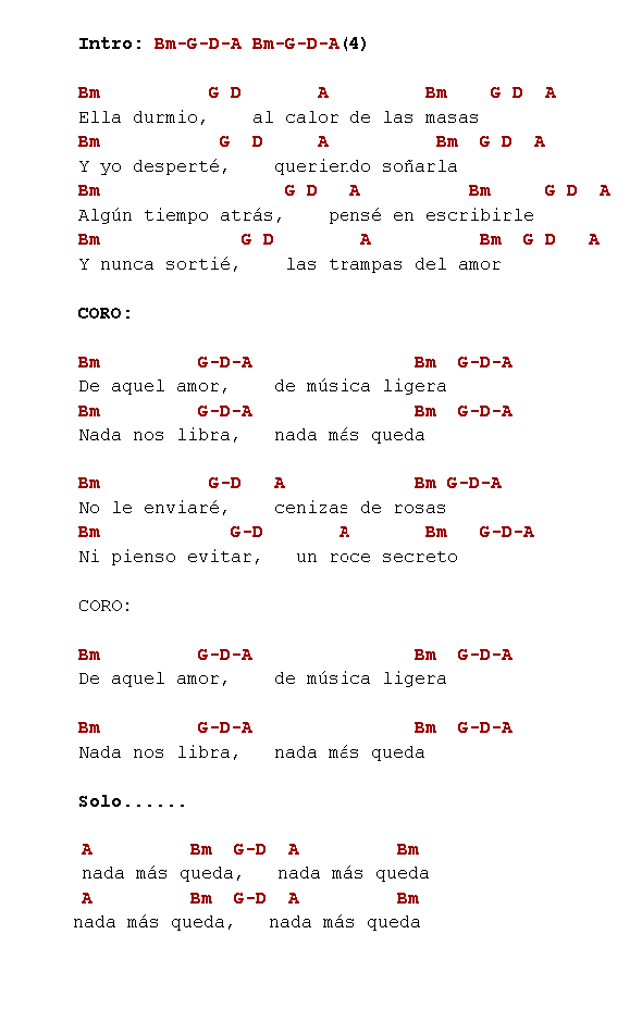 letra y acorde de de musica ligera soda esterio